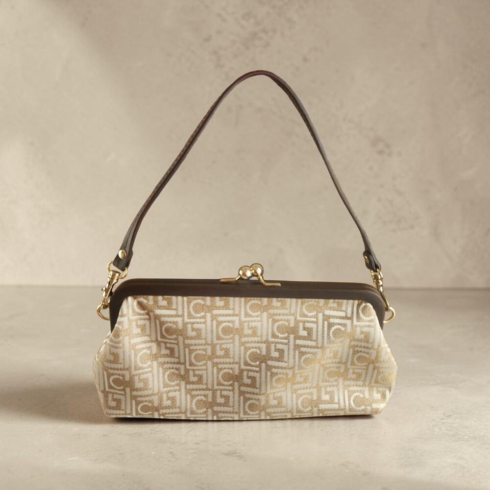 Y2K Vintage Liz Claiborne Monogram Mini Shoulder Bag Kiss Lock Gold White Brown
